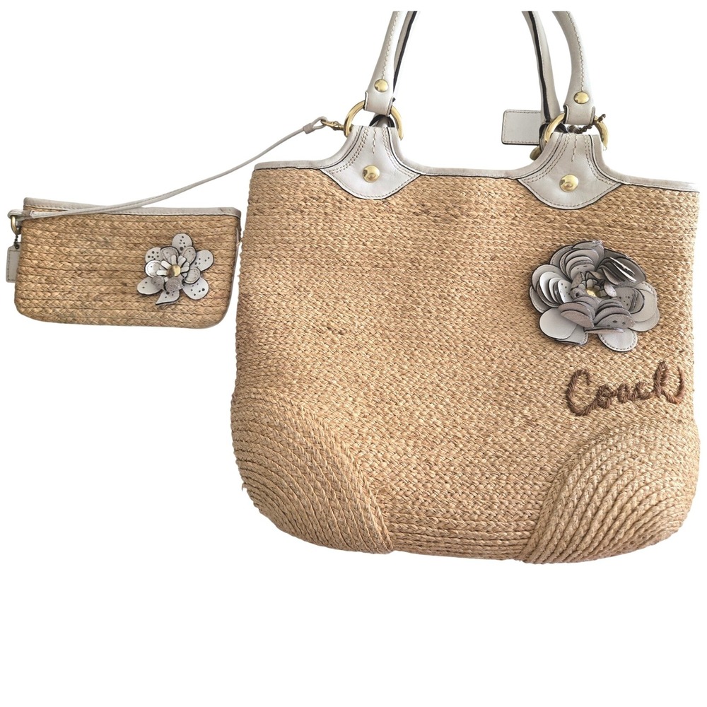Coach Womens Bleecker Straw Tote Bag Shoulder Flower Applique F13373 & Wristlet